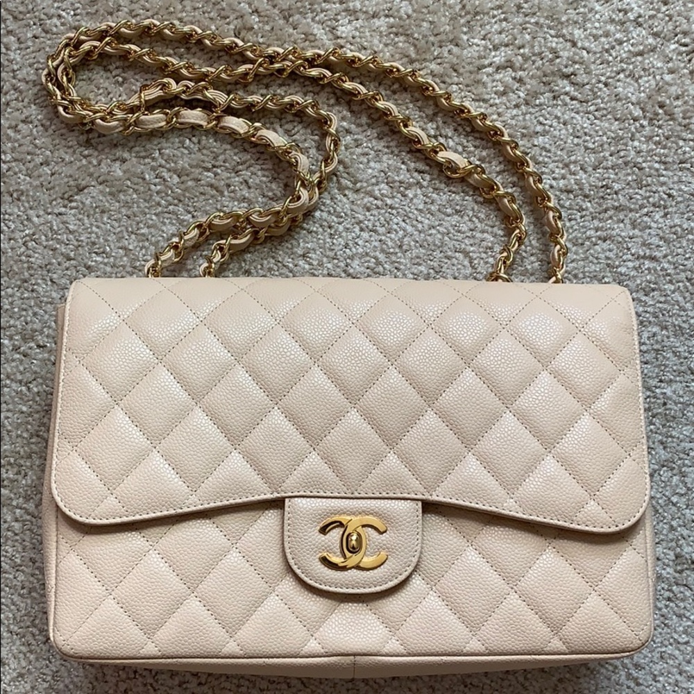 New CHANEL classic caviar Beige Jumbo + Gold
